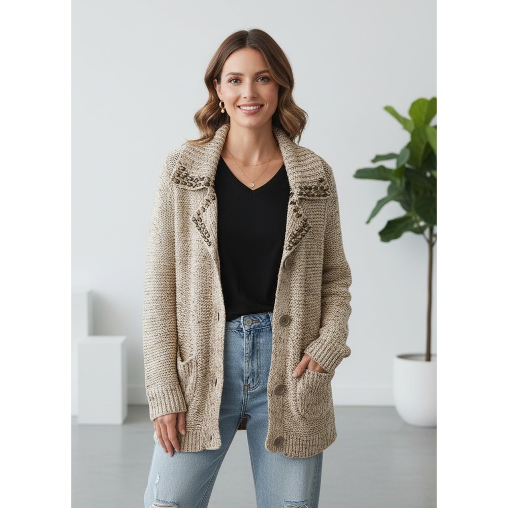 BCBG Maxazria L Cardigan Sweater Beige Beaded Boho Artsy Indie Earthy Cottage‎